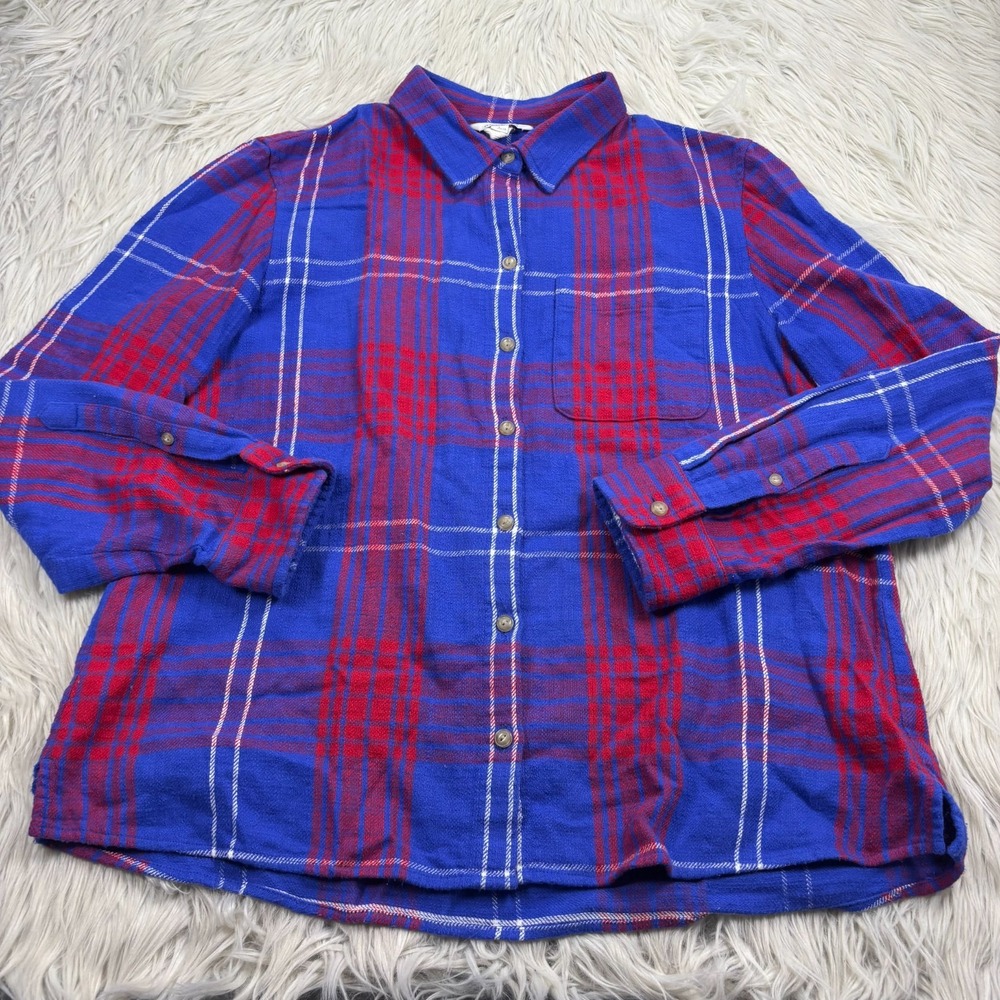 L.L. Bean Women's‎ L Plaid Flannel Shirt Blue Red White Cabincore Preppy
